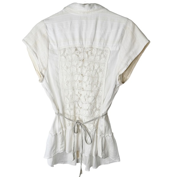 Free People White Sheer Crochet Knit Gauze Button Down Rope Tie Size Large - Picture 5 of 7
